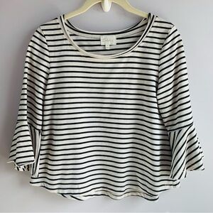 Deletta Celina Knit Top Black Cream Stripes Bell Sleeve Soft Cotton Petite XS